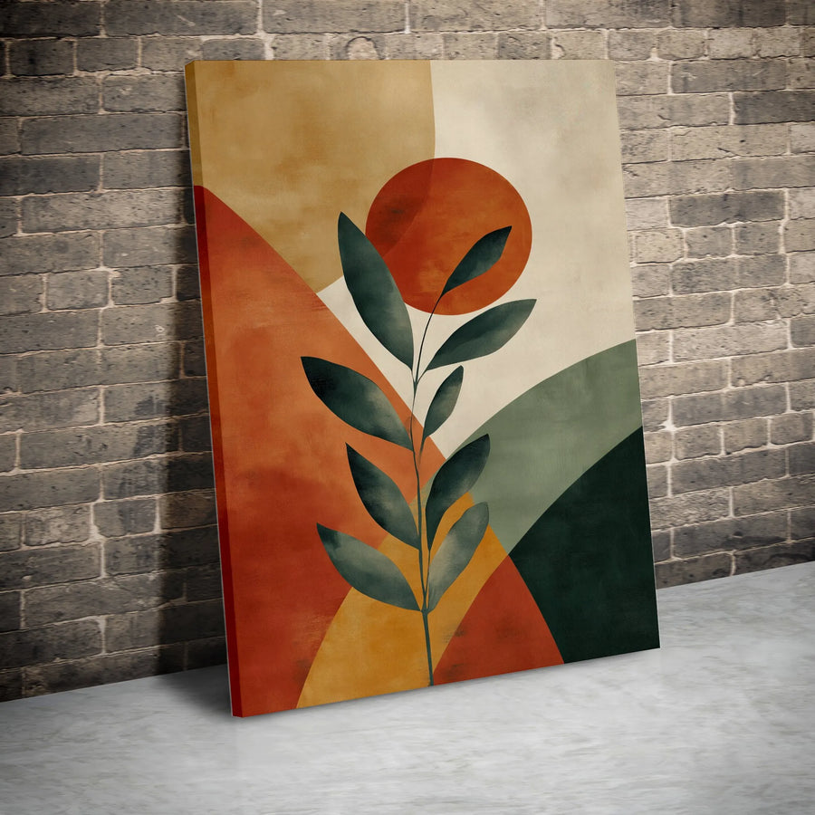 Mid Century Modern Abstract Wall Art | Botanical Plant Geometric Sun Canvas Print | Premium Fade-Resistant Gallery Wrap | Minimalist Home Decor Gift