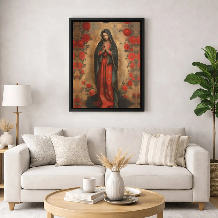 Virgin Mary Canvas Print | Religious Wall Art with Red Roses | Gallery-Quality Fade-Resistant | Spiritual Gift for Home Decor