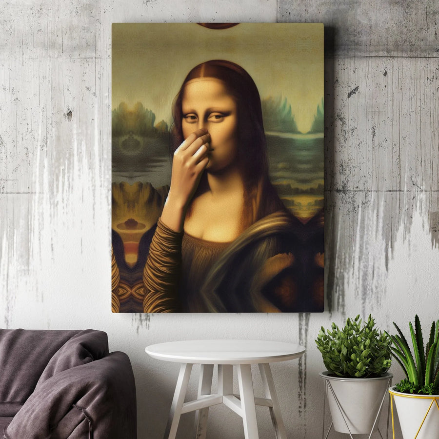 Mona Lisa Parody Canvas Wall Art | Funny Renaissance Painting Holding Nose | Premium Stretched Canvas Print | Unique Gag Gift for Bathroom Decor
