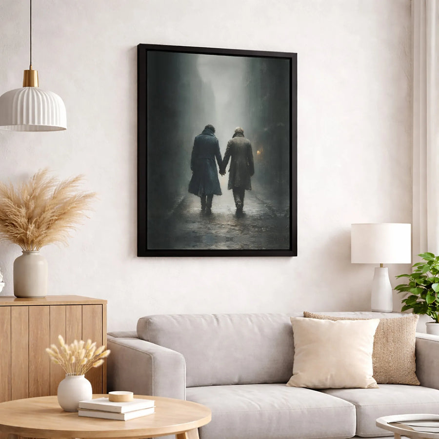 Men Holding Hands Canvas Art | Atmospheric Foggy City Alleyway Print | Premium Gallery-Wrapped | Romantic Gay Interest Wall Decor