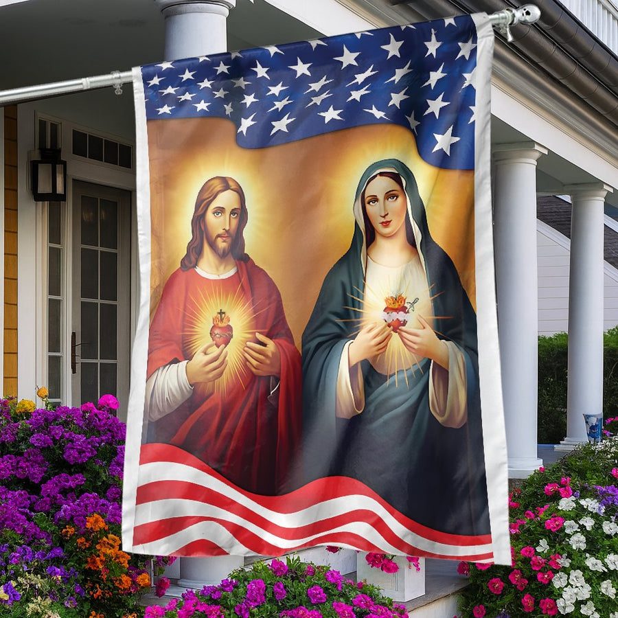 Sacred Hearts Jesus and Mary Flag | Patriotic American Flag House Banner | Premium Weather-Resistant Polyester | Religious Home Decor Gift