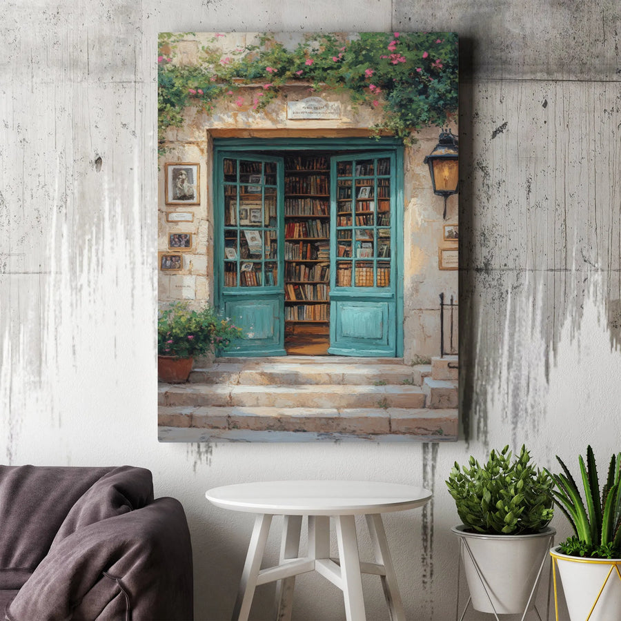 Charming Bookstore Canvas Wall Art | Teal Door Floral Entryway Print | 1.25-Inch Premium Gallery Canvas | Literary Home Decor Gift For Book Lovers
