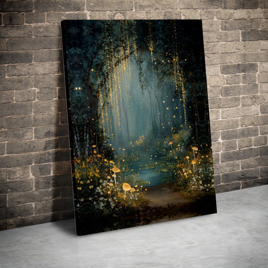 Enchanted Forest Canvas Wall Art | Glowing Mushroom & Firefly Print | Premium Fade-Resistant Print | Whimsical Fantasy Room Decor Gift