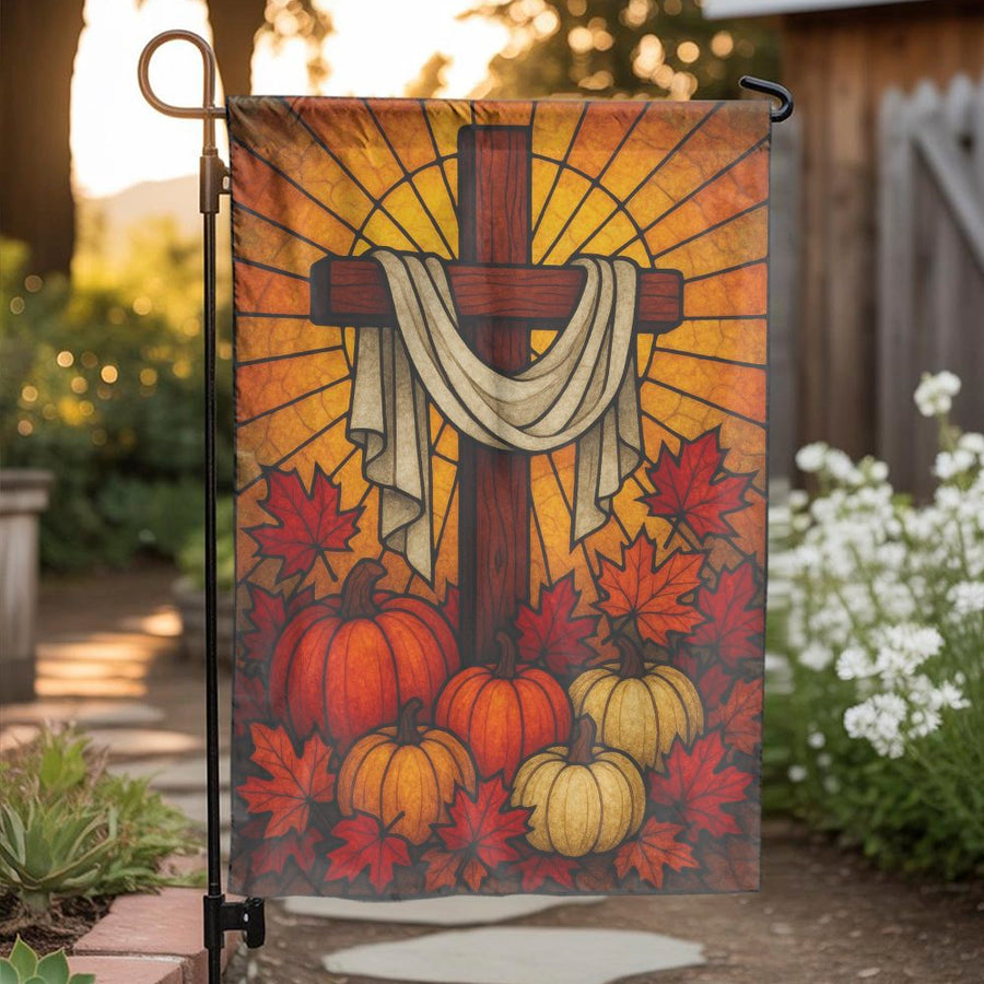 Christian Cross Garden Flag | Stained Glass Autumn Pumpkin Design | Premium Weather-Resistant Polyester | Religious Fall Yard Decor Gift