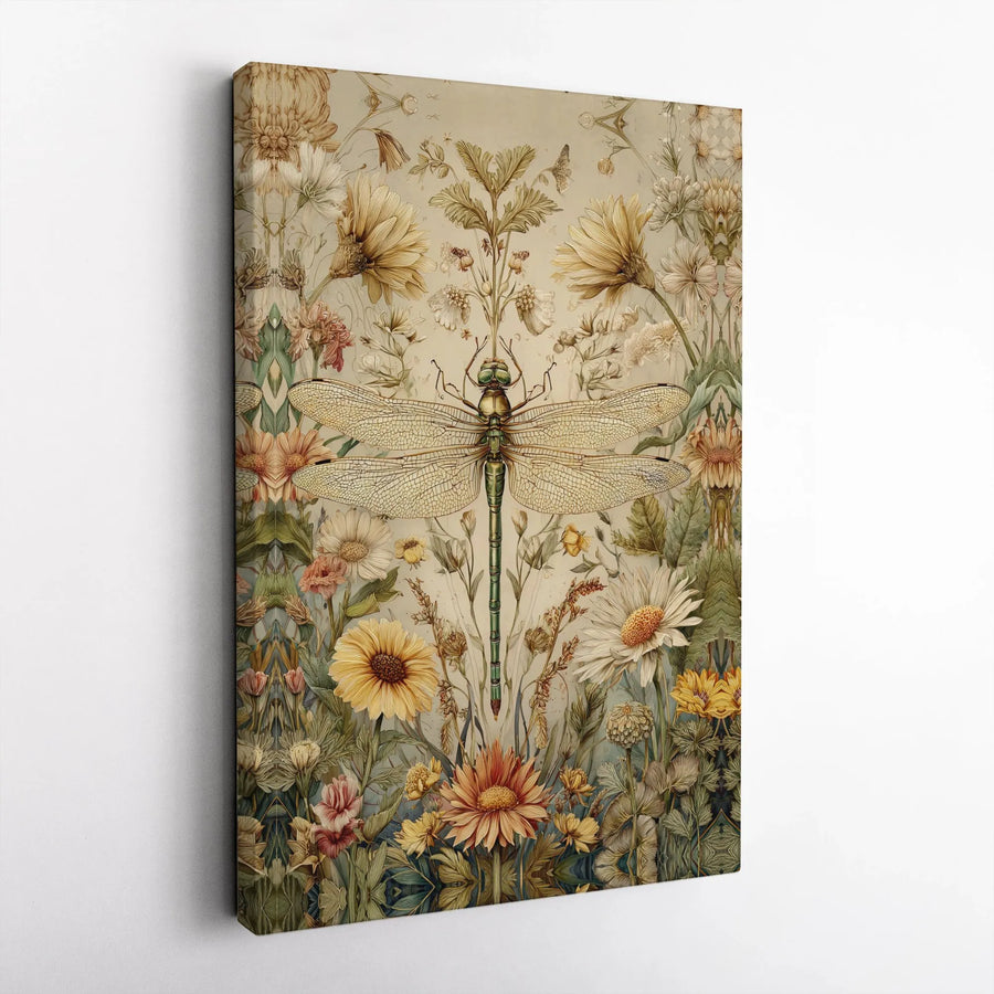 Vintage Dragonfly Canvas Print | Botanical Insect & Wildflower Art | Premium Gallery Wrapped Canvas | Nature Lover's Home Decor Gift