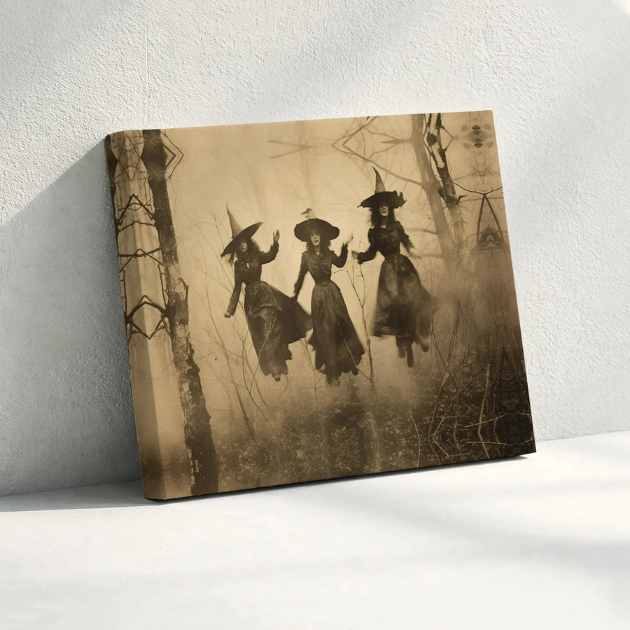 Floating Witches Canvas Print | Spooky Forest Gothic Wall Art | 1.25" Premium Gallery Wrapped Decor | Witchcraft Gift for Dark Academia Aesthetic