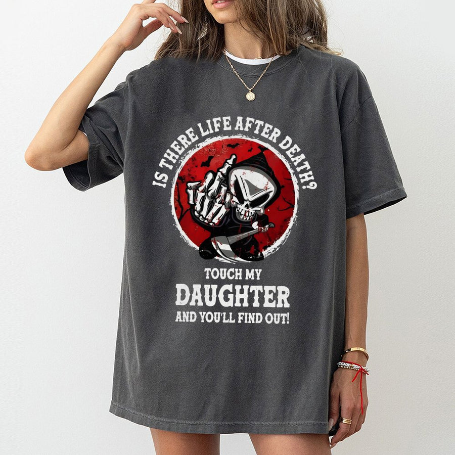 Grim Reaper Graphic T-Shirt | Protective Father Slogan Design | 100% Cotton Premium Tee | Funny Dad Gift for Motorcycle Biker Fans