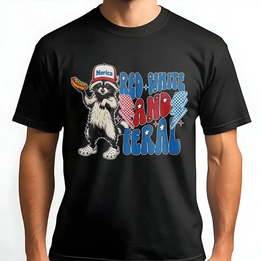 Red White and Feral Raccoon T-Shirt | Funny Patriotic USA Graphic Tee | Premium Cotton Casual Wear | 4th of July Independence Day Gift