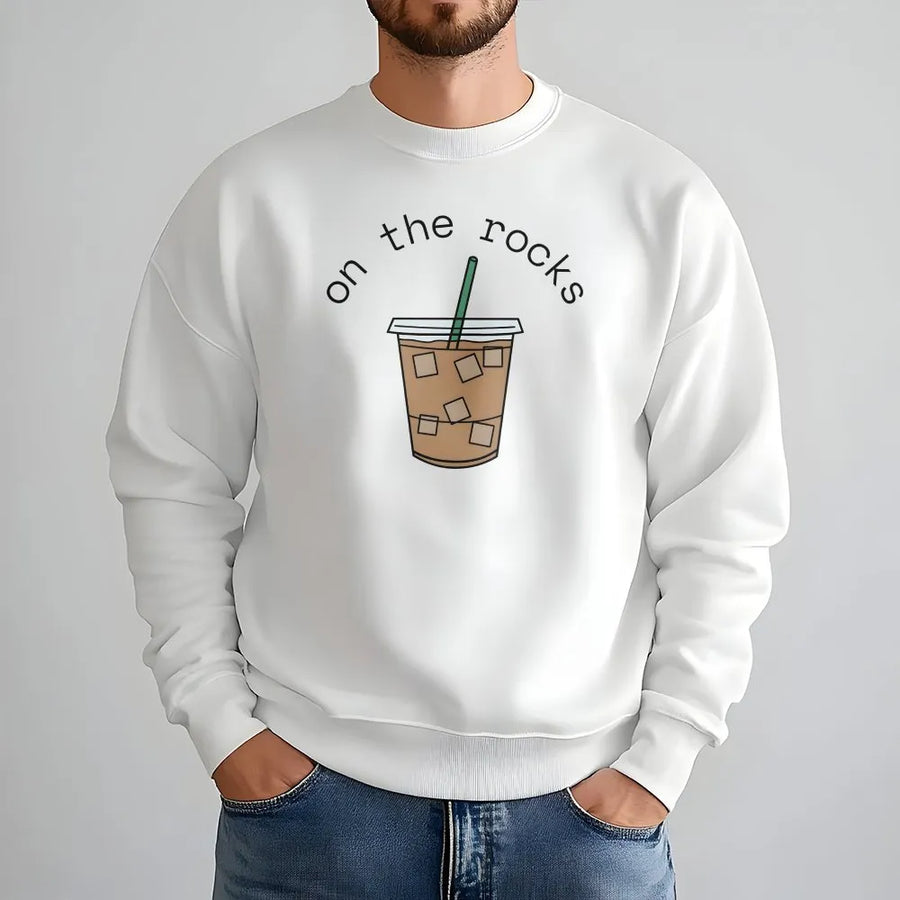 Iced Coffee Sweatshirt | Funny On The Rocks Graphic Pullover | Soft Cotton Blend | Gift for Coffee Lover Barista