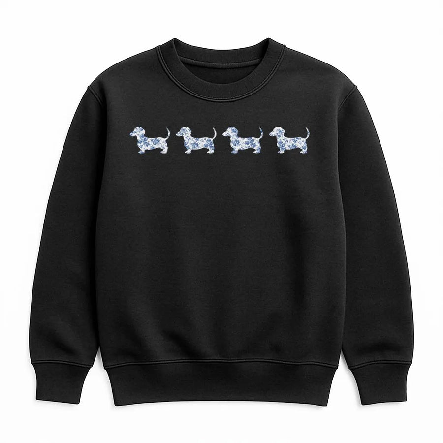 Blue Toile Dachshund Sweatshirt | Minimalist Wiener Dog Graphic | Cozy Cotton Blend Pullover | Premium Gift for Dog Mom and Doxie Lovers