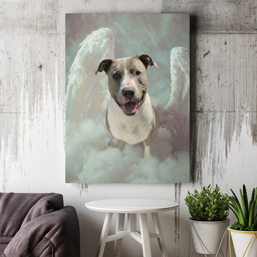Pitbull Angel Canvas Wall Art | Dog with Angel Wings Portrait | Premium Frameless Canvas | Pet Loss Sympathy Gift for Dog Owner