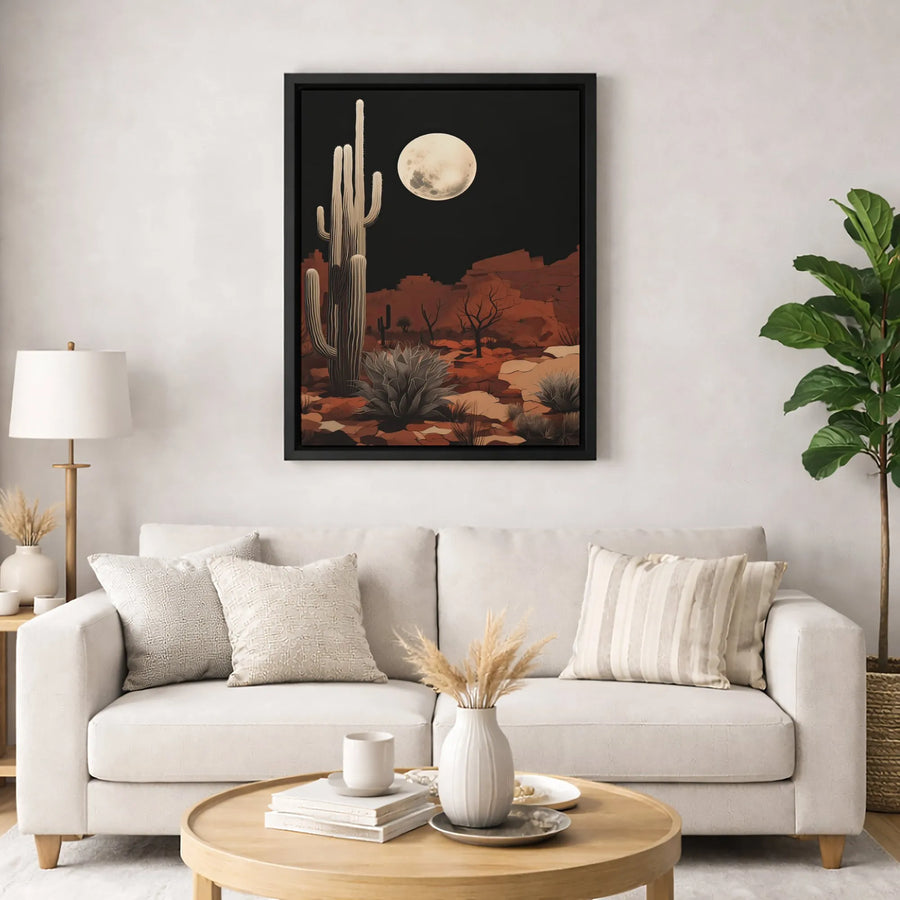 Desert Night Landscape Canvas Art | Saguaro Cactus Full Moon Wall Decor | 1.25-Inch Premium Gallery Profile | Southwest Modern Home Office Gift