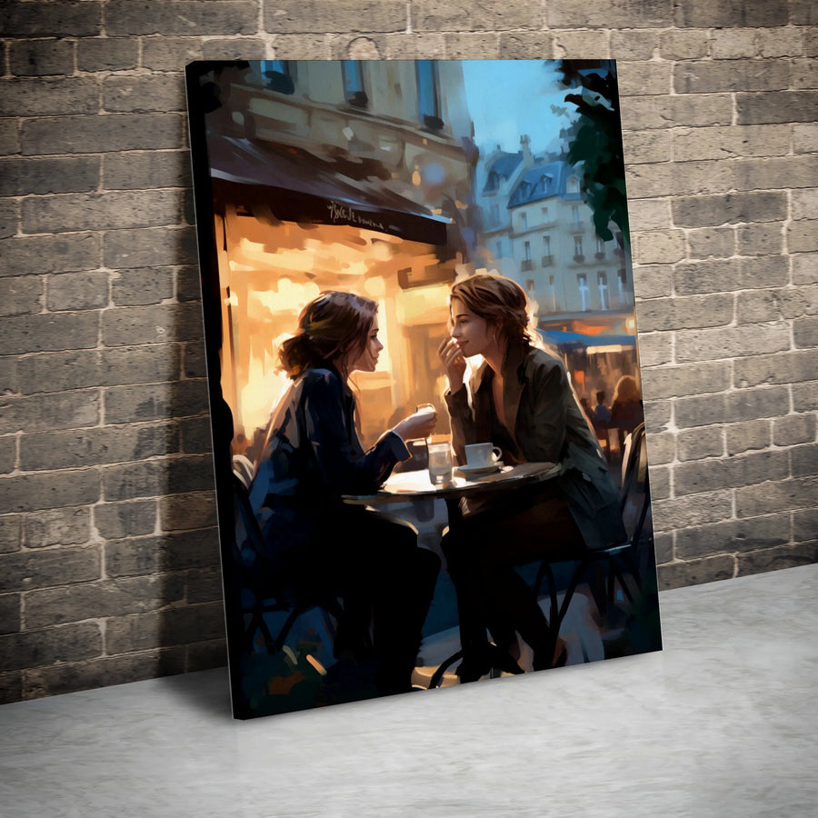 Parisian Cafe Canvas Art | Two Women Talking Painting | 1.25 Inch Gallery Wrap | Romantic French Bistro Wall Decor