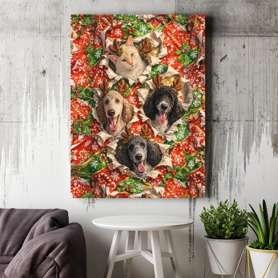 Christmas Pet Burst Canvas Wall Art | Funny Cat & Poodles with Reindeer Antlers | Premium 1.25" Thick Gallery Wrap | Holiday Home Decor Gift for Pet Lovers