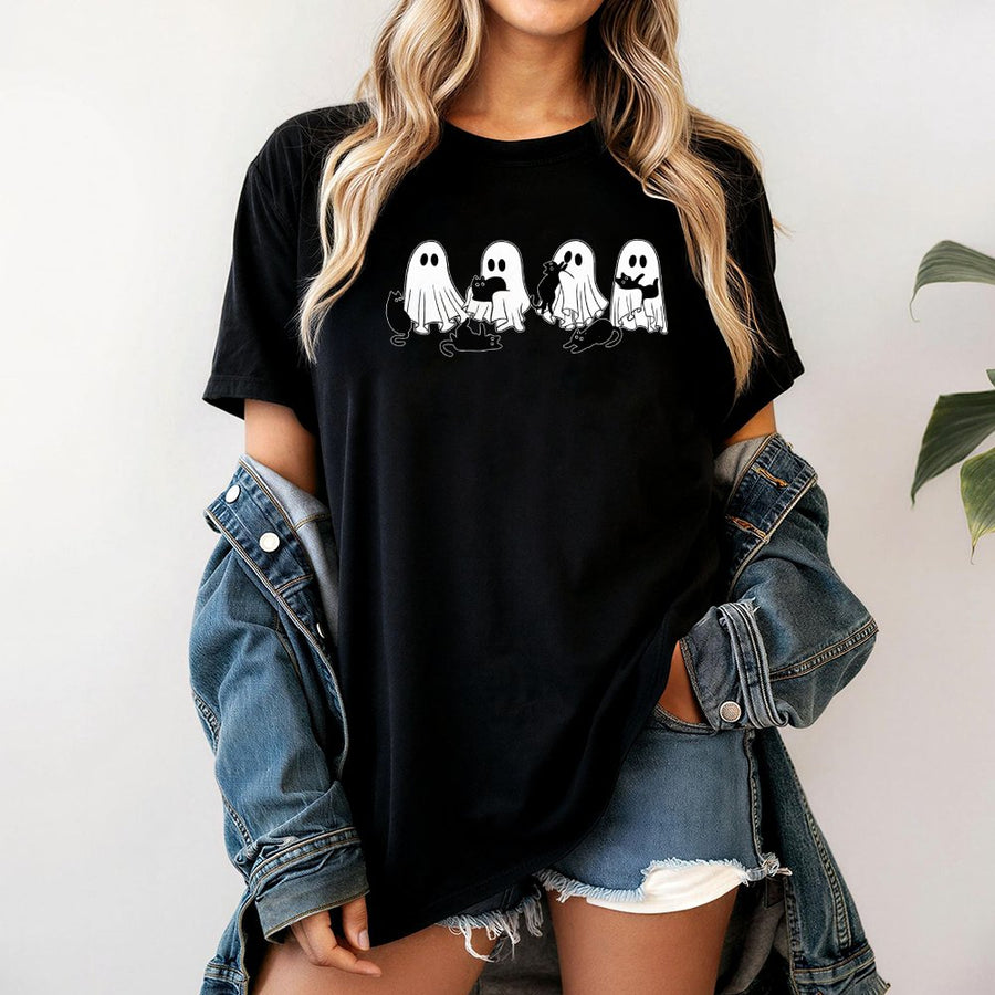 Ghost and Black Cat T-Shirt | Cute Spooky Halloween Graphic Tee | 100% Cotton Premium Quality | Gift for Cat Lovers and Halloween Enthusiasts