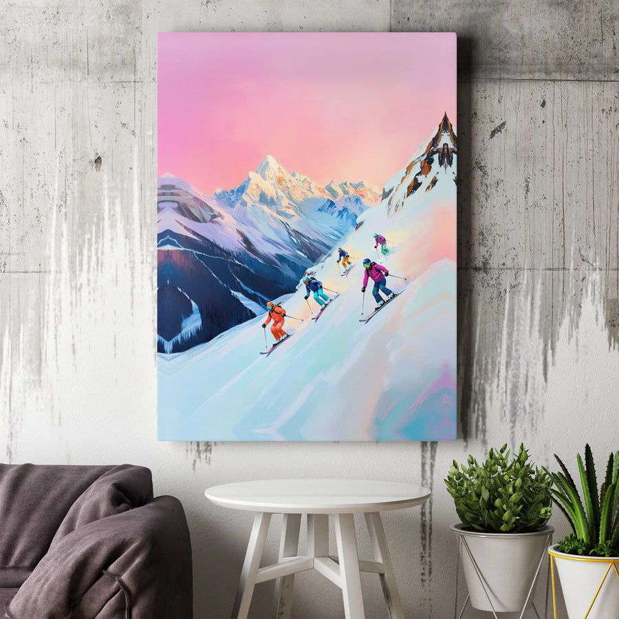 Skiing Wall Art Canvas Print | Vibrant Mountain Sunset Scene | Premium Gallery Canvas | Ski Lodge Decor Gift for Skier