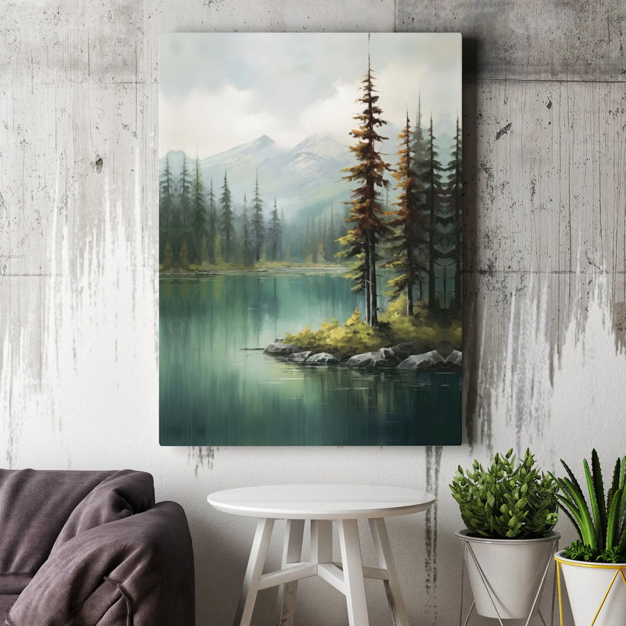 Mountain Lake Canvas Wall Art | Serene Pine Forest Landscape Print | Premium 1.25-Inch Gallery Wrap | Ready To Hang Nature Decor For Home Office
