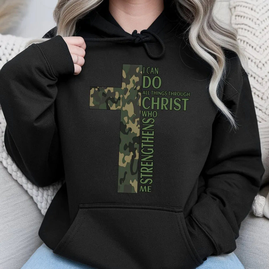 Camo Cross Christian Hoodie | Philippians 4:13 Bible Verse | Premium Cotton-Blend Apparel | Faith-Based Religious Gift For Men And Women