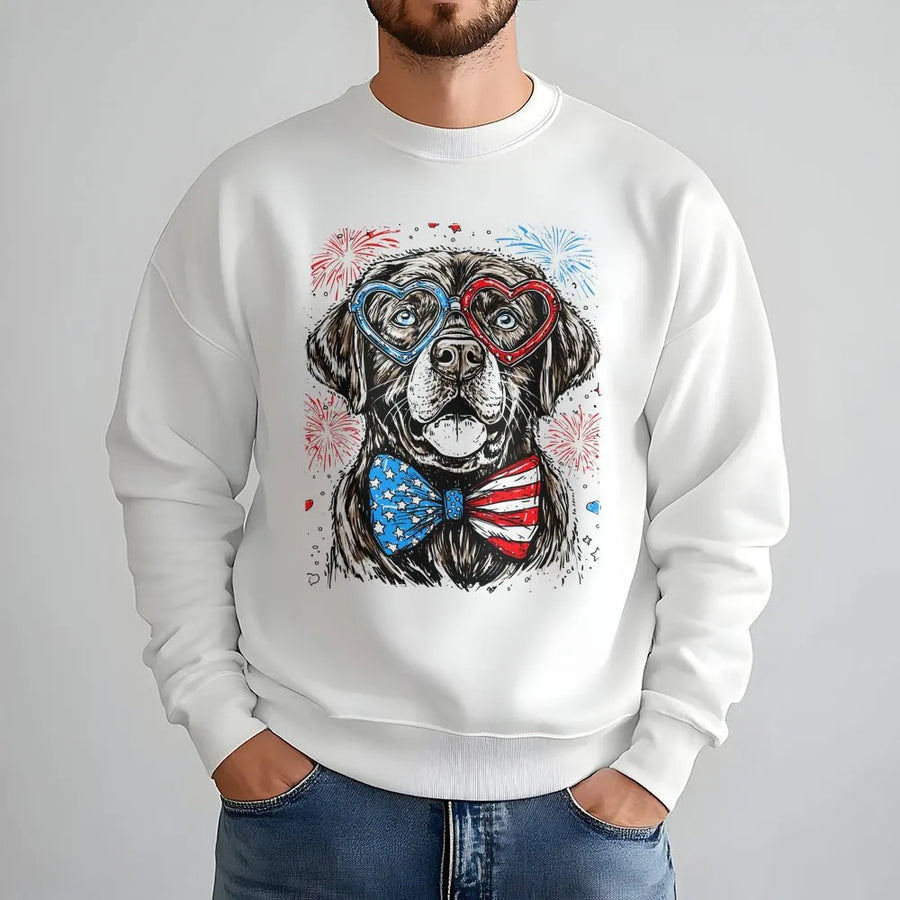 Patriotic Labrador Sweatshirt | Dog with American Flag Glasses & Bow Tie | Premium Cotton Blend | 4th of July Gift for Dog Lovers