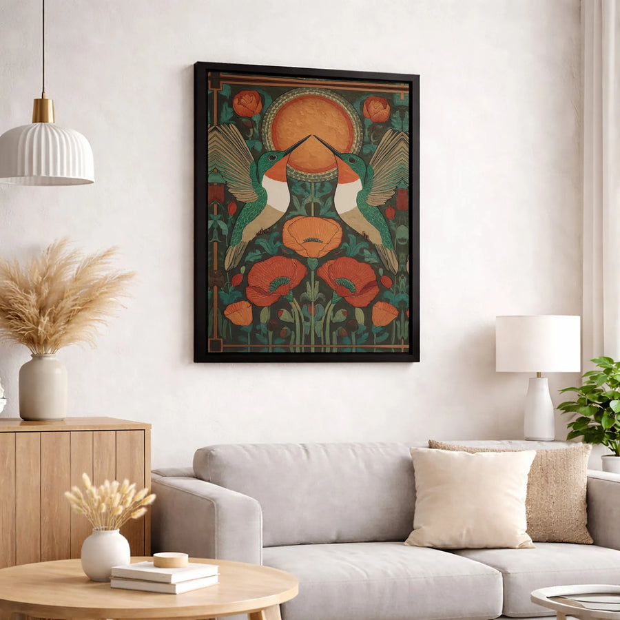 Art Nouveau Hummingbird Canvas Wall Art | Poppies and Botanical Bird Print | Premium 1.25 Inch Gallery Wrap | Elegant Home Decor Gift