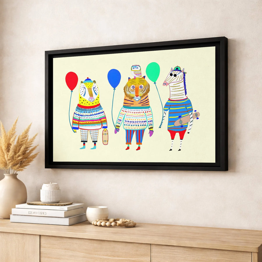 Whimsical Animal Wall Art | Tiger Cheetah Zebra Skater Crew | Premium Gallery Wrapped Canvas | Colorful Nursery Decor Gift
