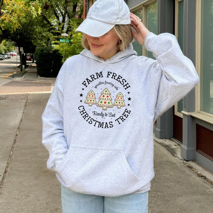 Farm Fresh Christmas Tree Hoodie | Cute Cookie Bakery Graphic | Premium Cotton Blend Unisex Sweatshirt | Festive Holiday Gift for Foodies