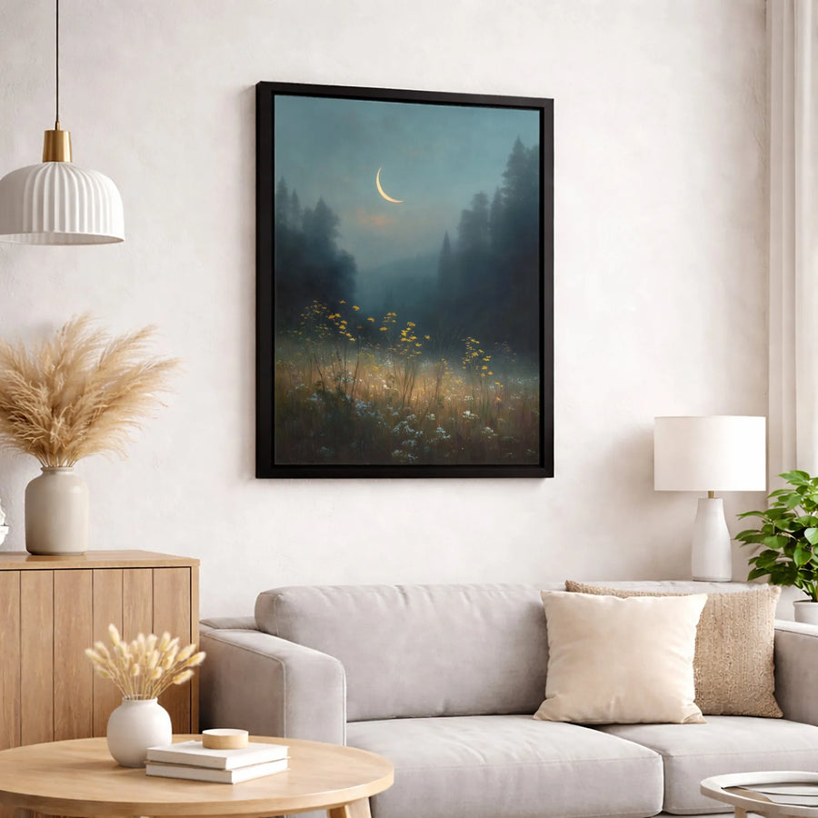 Crescent Moon Wall Art | Misty Forest Wildflower Landscape | Gallery Quality Canvas Print | Botanical Home Decor Nature Gift