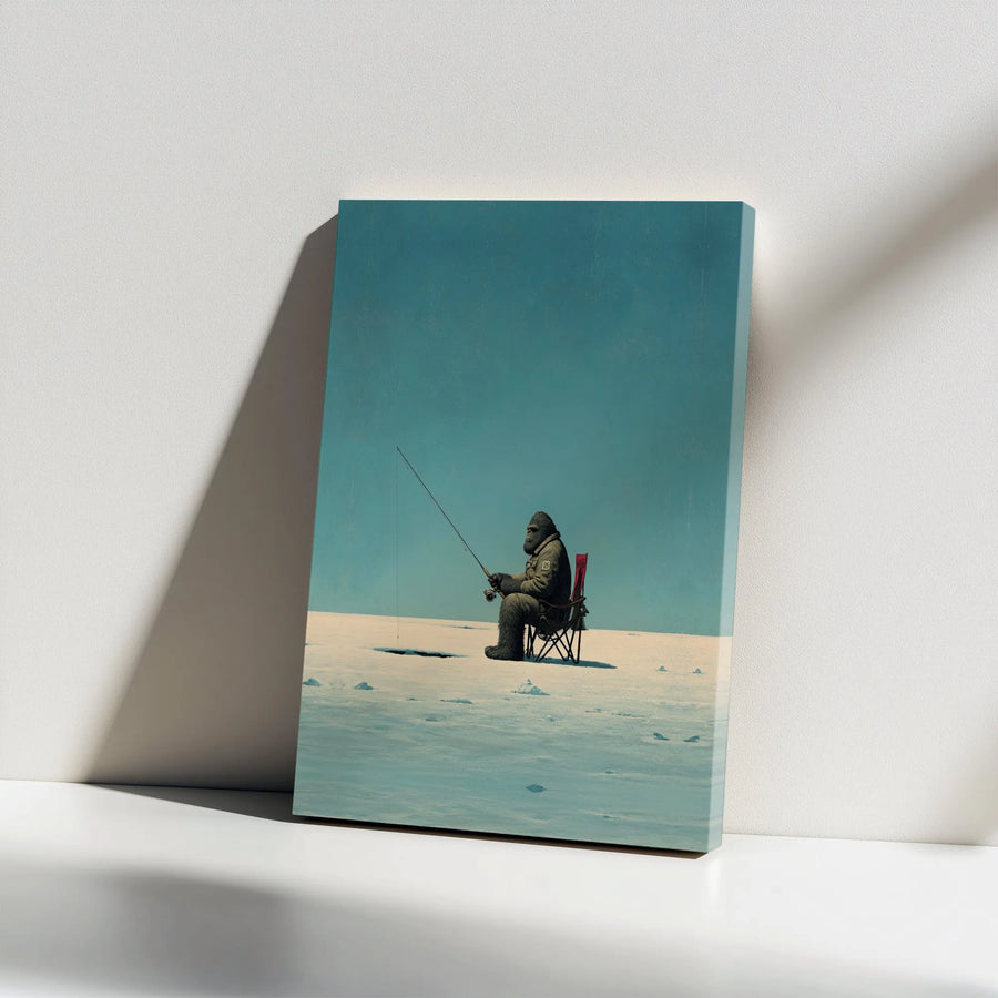Bigfoot Ice Fishing Canvas Wall Art | Funny Sasquatch Winter Landscape | Premium Gallery Wrapped Decor | Unique Outdoorsman Gift for Him