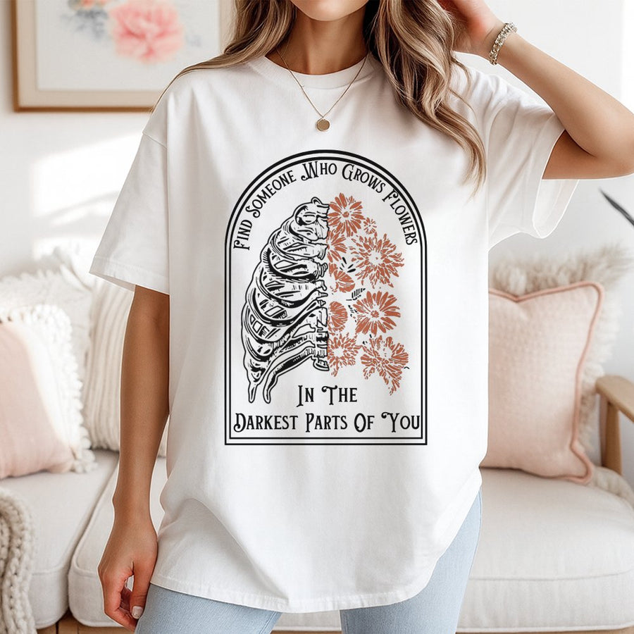 Find Someone Who Grows Flowers T-Shirt | Aesthetic Ribcage Floral Graphic | 100% Cotton Premium Tee | Thoughtful Gift for Mental Health Awareness