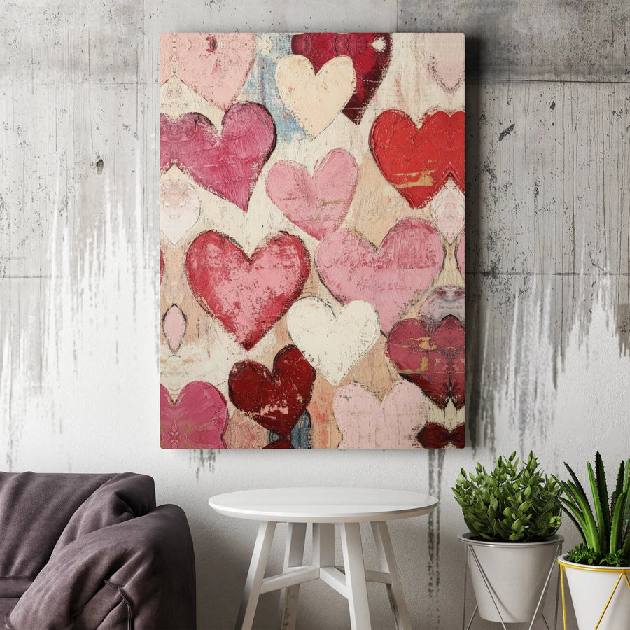 Abstract Love Hearts Canvas Wall Art | Rustic Farmhouse Style Red Pink Hearts | Premium Gallery Wrap Decor | Romantic Gift For Anniversary Home