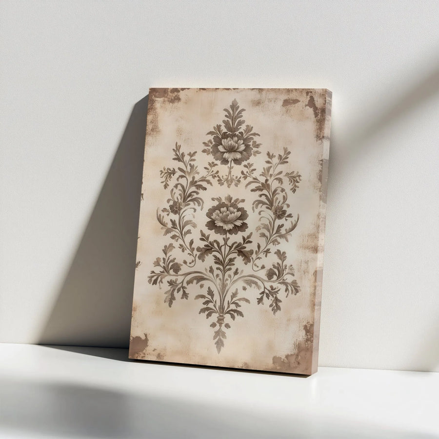 Vintage Damask Floral Canvas Wall Art | Distressed Aged Botanical Print | Premium 1.25 Inch Gallery Wrap | Elegant Neutral Home Decor Gift