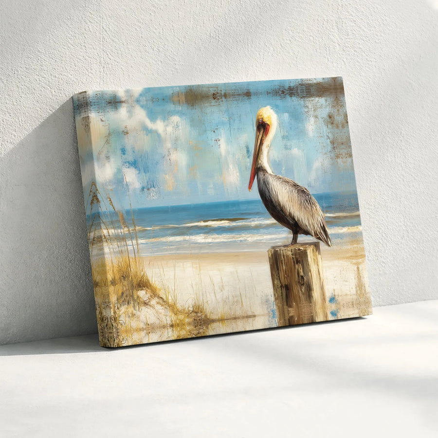 Coastal Pelican Canvas Wall Art | Vintage Seaside Painting on Post | Premium Gallery Wrapped Canvas | Beach House Living Room Decor Gift