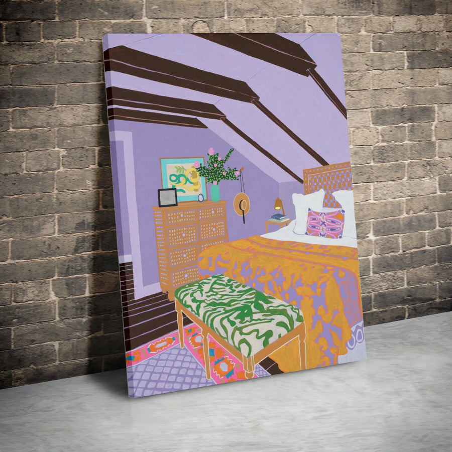 Bohemian Bedroom Canvas Wall Art | Colorful Attic Illustration Print | Premium Thick Gallery Canvas | Eclectic Home Decor Gift