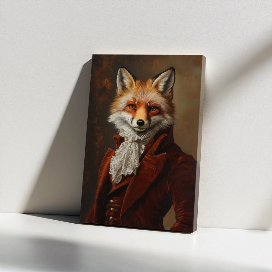 Gentleman Fox Vertical Canvas | Victorian Animal Portrait Painting | Premium Gallery Style Wall Art | Unique Home Decor Gift for Office