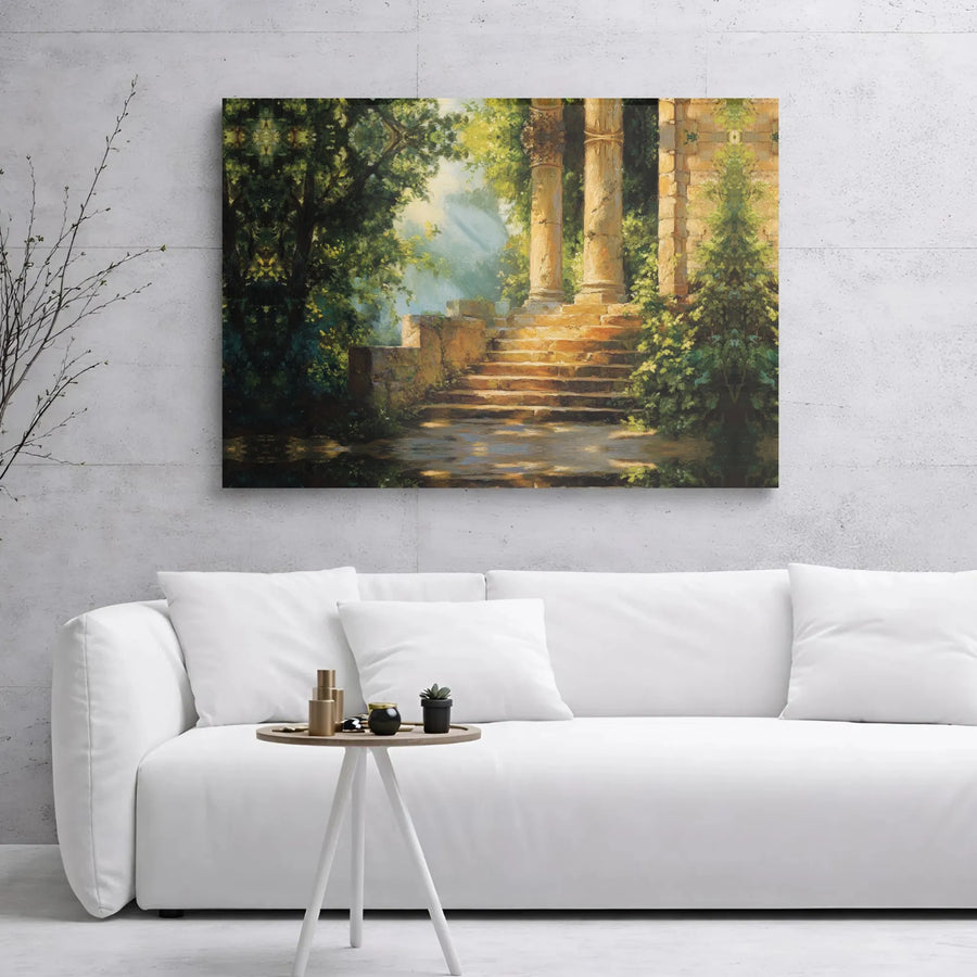 Ancient Ruins Wall Art | Sunlit Classical Columns And Stone Staircase Canvas | Gallery Wrap Premium Print | Elegant Home Decor For Nature Lovers