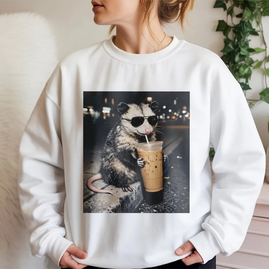 Funny Opossum Meme Sweatshirt | Possum Drinking Iced Coffee Graphic | Cozy Unisex Crewneck | Vintage 90s Streetwear Gift for Animal Lovers