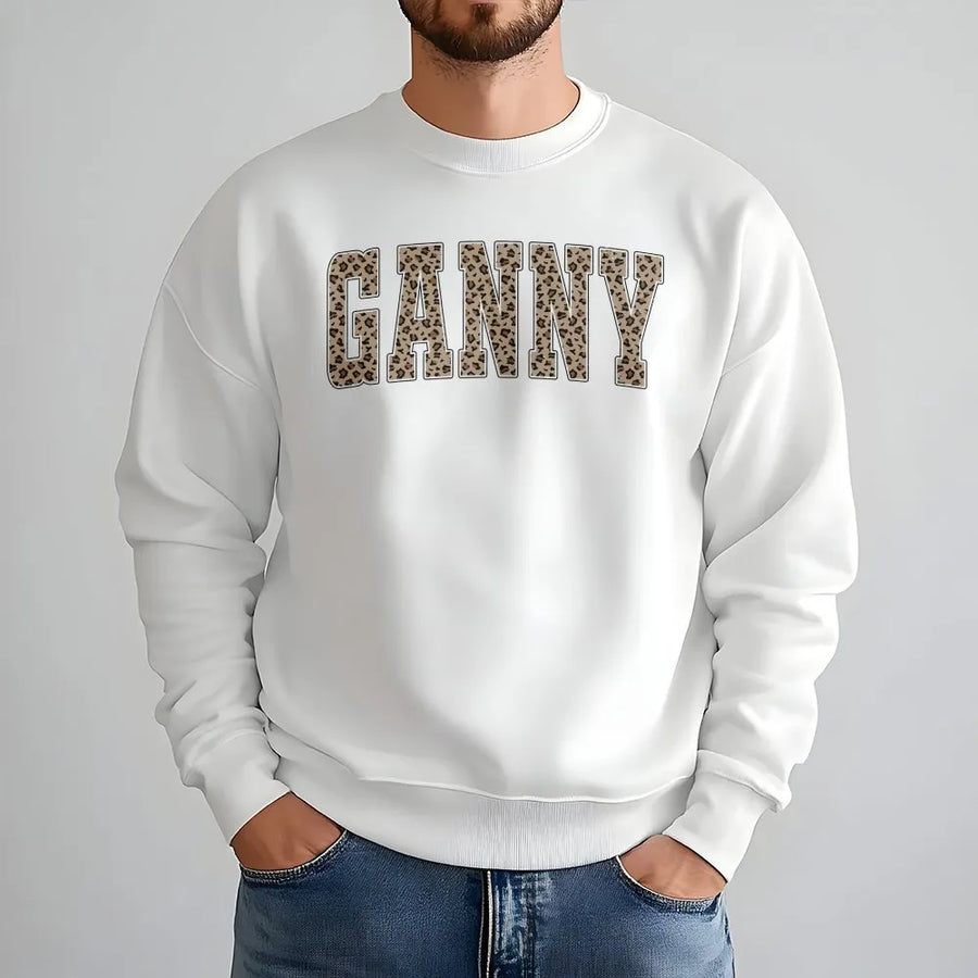 Ganny Sweatshirt | Leopard Print Varsity Letter Crewneck for Grandma | Cozy Cotton Blend Pullover | Unique Mother's Day Gift for New Ganny, Pregnancy Announcement