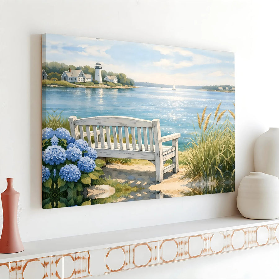 Coastal Lighthouse Canvas Art | Serene Seaside Bench & Hydrangeas Print | Premium Gallery Wrap | Nautical Living Room Decor Gift