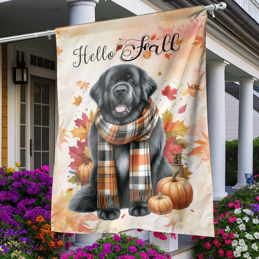 Newfoundland Dog Garden Flag | Hello Fall Plaid Scarf Autumn Pumpkin Design | Premium Weather-Resistant Polyester | Seasonal Outdoor Garden Decor Gift
