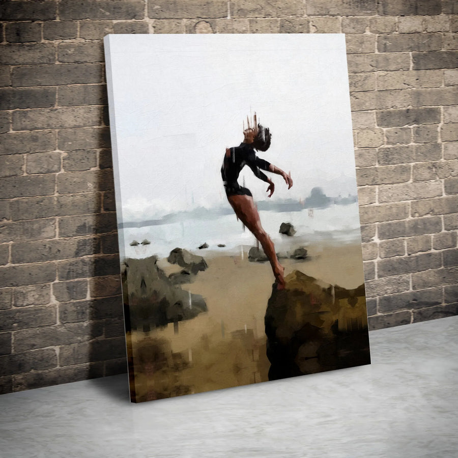 Abstract Dancer Wall Art | Elegant Female Pose On Rocky Shore | Premium Gallery Wrapped Canvas | Minimalist Home Decor Gift