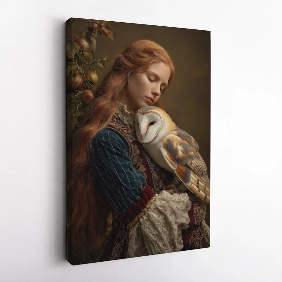 Renaissance Woman With Owl Canvas Print | Dark Academia Portrait Wall Art | Premium Stretched Gallery Wrap | Gothic Home Decor Gift For Her