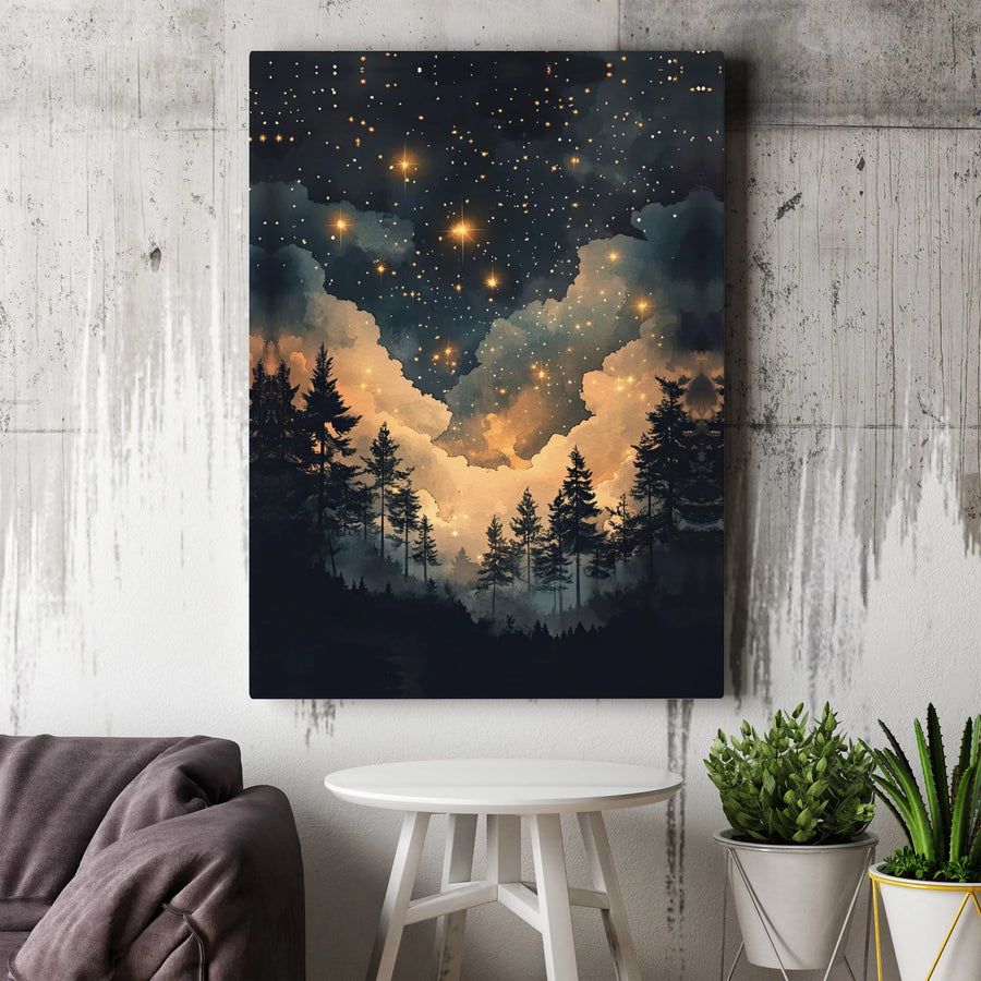 Night Sky Forest Canvas Wall Art | Celestial Gold Clouds And Stars Print | Premium Gallery Wrapped Decor | Nature Lover Gift For Home Office