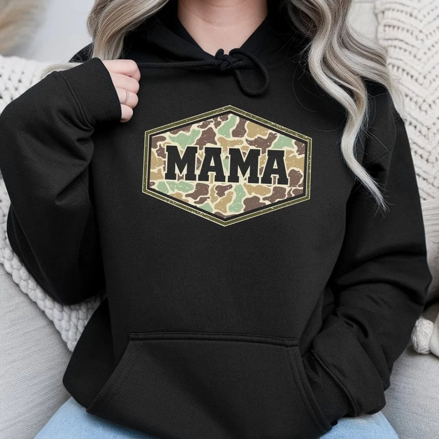Mama Hoodie | Retro Varsity Duck Camo Print | Premium Cotton-Poly Blend | Cozy Mother's Day Gift for Outdoor Mom