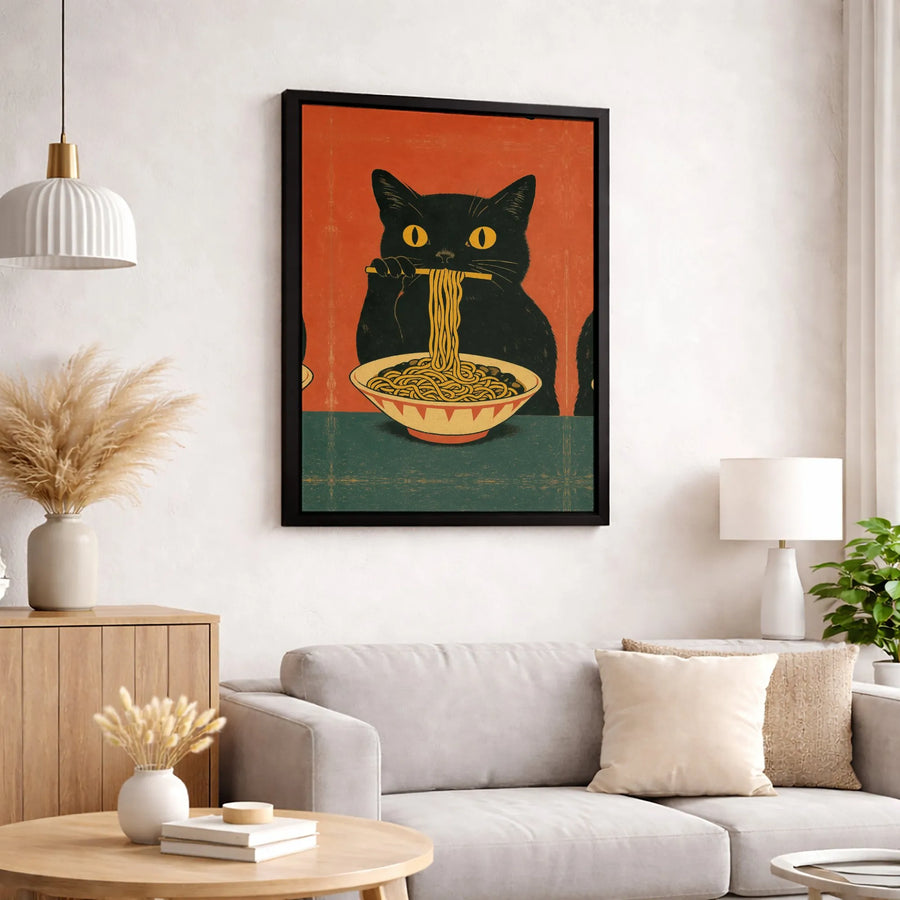 Black Cat Ramen Wall Art | Vintage Japanese Style Cat Illustration | Premium Gallery Wrapped Canvas | Quirky Kitchen Decor Gift for Cat Lovers