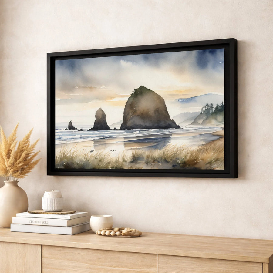 Haystack Rock Canvas Wall Art | Watercolor Oregon Coast Seascape | 1.25 Inch Premium Gallery Wrap | Coastal Home Decor Gift