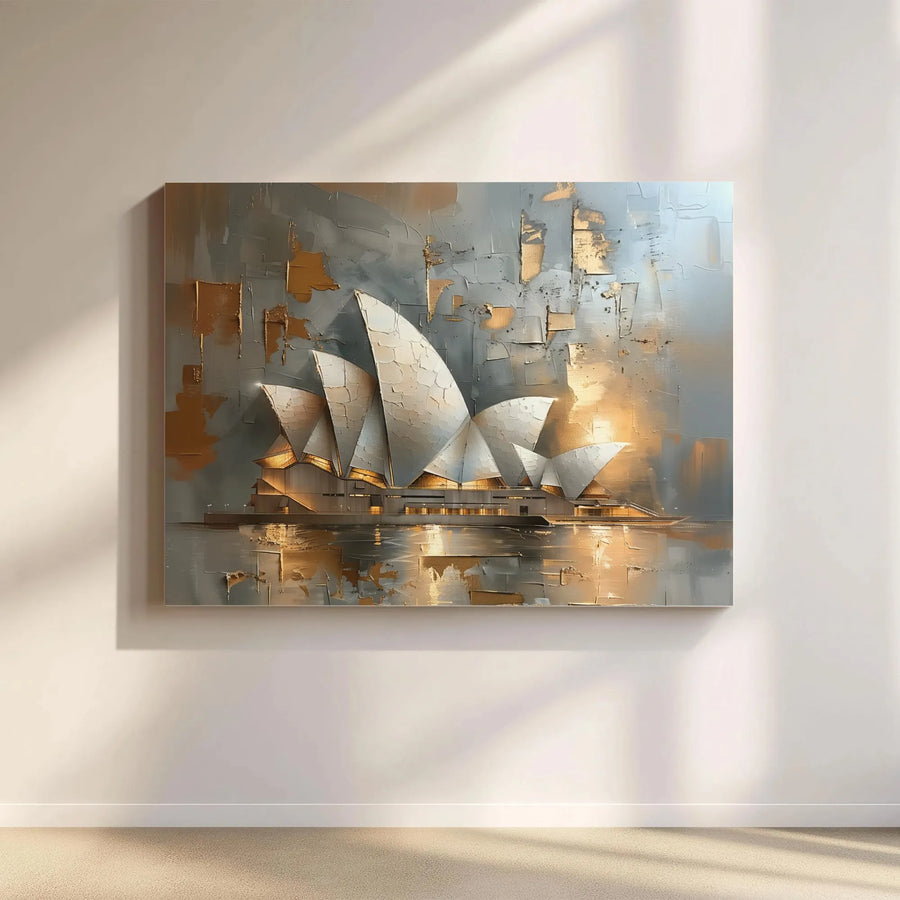 Sydney Opera House Canvas Print | Abstract Gold and Grey Textured Wall Art | Premium Gallery-Wrapped Decor | Travel Lover Office Gift