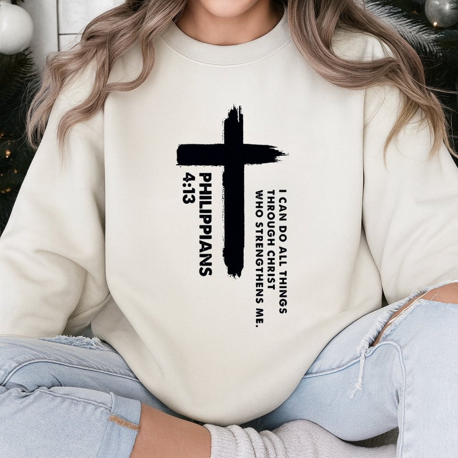 Philippians 4:13 Sweatshirt | I Can Do All Things Through Christ Cross Design | Premium Cotton Blend Crewneck | Religious Gift for Men and Women
