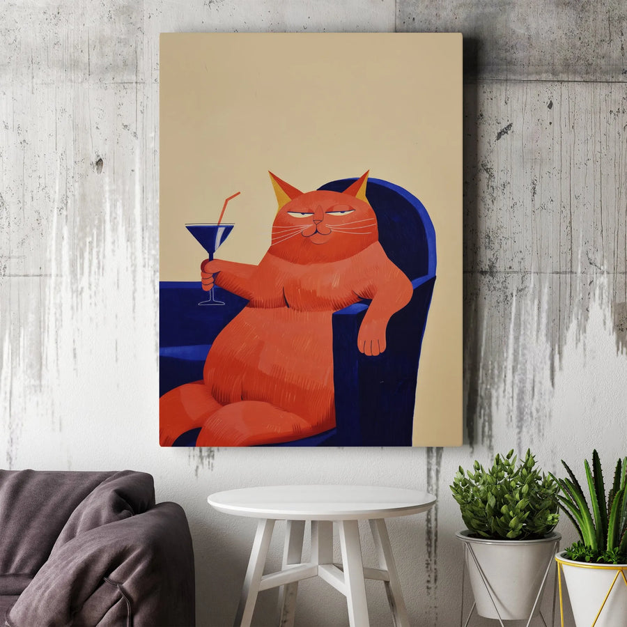 Smug Orange Cat Wall Art | Funny Cocktail Drinking Cat Illustration | Premium Gallery Wrapped Canvas | Quirky Home Decor Gift for Cat Lovers