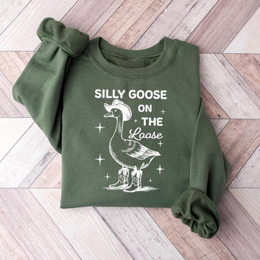 Silly Goose On The Loose Sweatshirt | Western Cowboy Boots Graphic | Premium Cotton Blend | Funny Animal Meme Gift for Men and Women