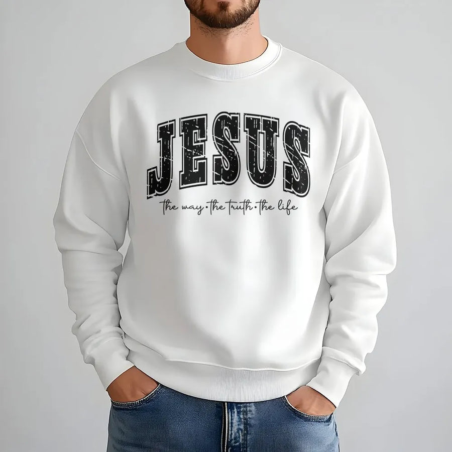 Jesus The Way The Truth The Life Sweatshirt | Distressed Varsity Font Religious Graphic | Premium Cotton Blend Crewneck | Christian Faith Gift For Her
